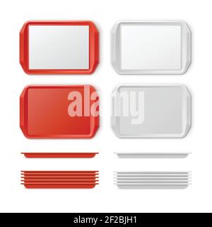 Vector Set of Rectangular Red White Plastic Tray salver with Handles Top View Isolated on Background Stock Vector