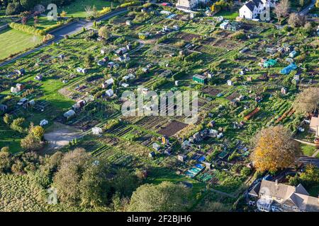 An aerial view of garden allotments in the Cotswold town of Stow on the Wold, Gloucestershire, UK Stock Photo