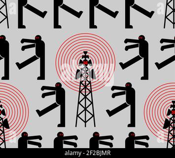 5G tower chipping population pattern seamless. Conspiracy theory ornament. Zombies walk around cell tower texture. TV and radio communication towers b Stock Vector