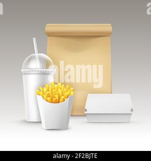 Vector Fast Food Set of Realistic Carton Hamburger Classic Burger Container Potatoes French Fries in White Package Box Blank Cardboard Cup for Drinks Stock Vector