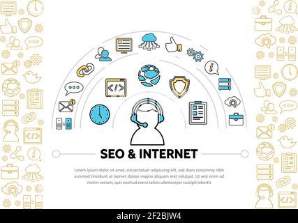 Internet line icons template with operator clock cloud seo optimization computer network router search briefcase globe message monitor protection isol Stock Vector