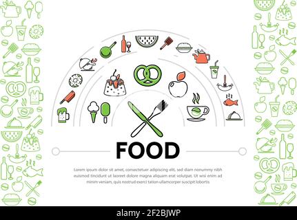 Food line icons composition with different drinks sausage pretzel fruits chicken fish sweet products kitchen utensil elements isolated vector illustra Stock Vector