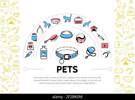 Pets colorful line icons template with cat dog collars horse medical instruments leash carriers feed comb nail clippers isolated vector illustration Stock Vector