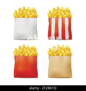 Vector Set of Potatoes French Fries in Red White Striped Craft Paper Package Bags Isolated on background. Fast Food Stock Vector
