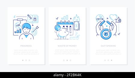 Quit smoking - line design style web banners with copy space for text. Healthcare mobile app idea. Progress, waste of money, goals illustrations. Heal Stock Vector
