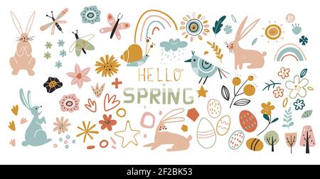 Easter icons. Big collection of flowers, leaves, birds, bunny and spring symbols. Hand drawn elements flowers, wreaths, quotes and other. Perfect for Stock Vector