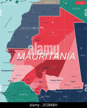 Mauritania country detailed editable map with regions cities and towns, roads and railways, geographic sites. Vector EPS-10 file Stock Vector