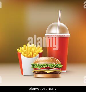 Vector Fast Food Set of Realistic Hamburger Classic Burger Potatoes French Fries in Red Package Box Blank Cardboard Cup for Soft Drinks with Straw Iso Stock Vector