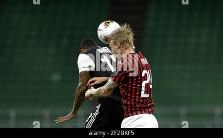 AC Milan vs FC Juventus, Serie A football match played in an empty Giuseppe Meazza's stadium, due to the Covid-19 healthy rules, in Milan.Italy. Stock Photo