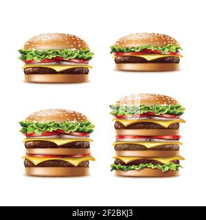 Vector Set of Different Realistic Hamburger Classic Burger American Cheeseburger with Lettuce Tomato Onion Cheese Beef and Sauce Close up isolated on Stock Vector