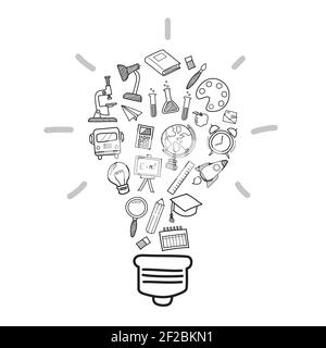 Education icons in Light bulb shape doodle style. Vector Illustration Stock Vector