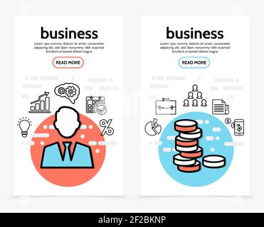 Business finance vertical banners with businessman lightbulb graph cloud calendar percent diagram briefcase document coins line icons vector illustrat Stock Vector