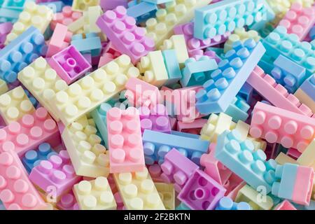 Pile of colorful plastic toy building blocks Stock Photo