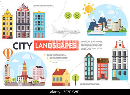 Flat cityscape infographic template with modern buildings trees sun mountains sky airplane hot air balloon ship vector illustration Stock Vector