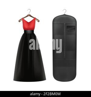 Vector red dress and black storage dust proof cover on hanger front view isolated on white background Stock Vector
