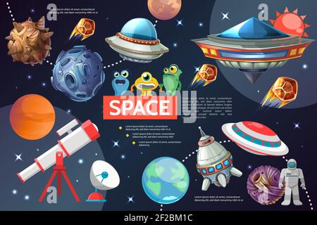Cartoon space elements collection with sun planets stars spaceships ufo telescope satellite dish astronaut asteroids cute aliens isolated vector illus Stock Vector