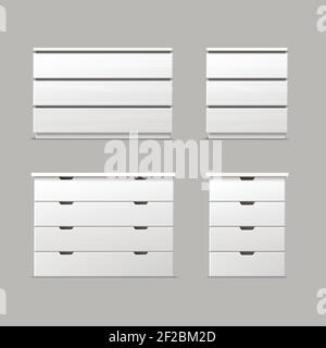 Vector set of different white drawers, nightstands or bedside tables front view isolated on background Stock Vector