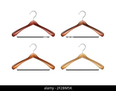 Vector set of brown wooden clothes hangers close up isolated on white background Stock Vector