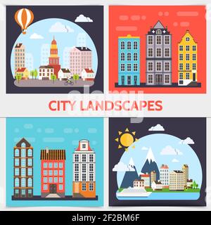 Flat city landscape square concept with buildings clouds sun trees ship and hot air balloon vector illustration Stock Vector