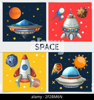Colorful space square composition with rocket spaceship ufo sun planets asteroids meteors comets on cosmic background in cartoon style vector illustra Stock Vector