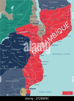 Mozambique country detailed editable map with regions cities and towns, roads and railways, geographic sites. Vector EPS-10 file Stock Vector