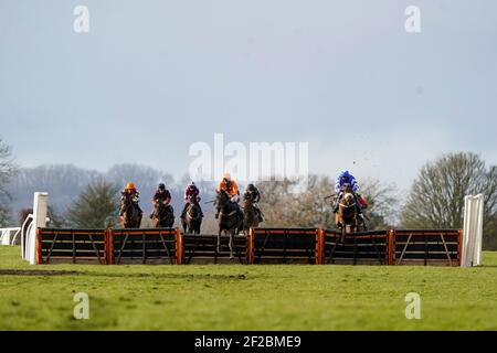 Admiral Balko ridden by jockey Chester Williams (centre) clear the last to win The MansionBet All I Want For Cheltmas Handicap Hurdle at Wincanton Racecourse. Picture date: Thursday March 11, 2021. Stock Photo