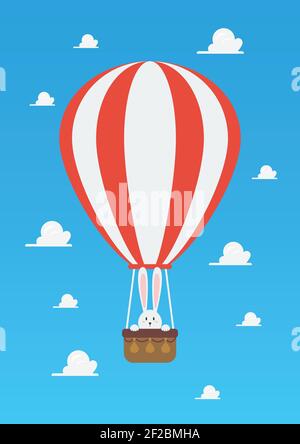 Hot air Balloon with rabbit in basket. Easter day concept. Vector illustration. Stock Vector