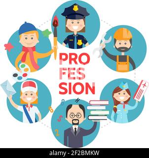 Flat profession avatars round concept with artist police officer builder stewardess teacher postman isolated vector illustration Stock Vector