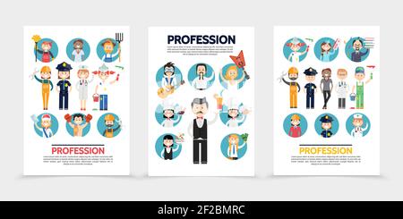 Flat professions brochures with stylist farmer builder doctors police officers painters postman sportsman musicians chef waiter accountant teacher ste Stock Vector