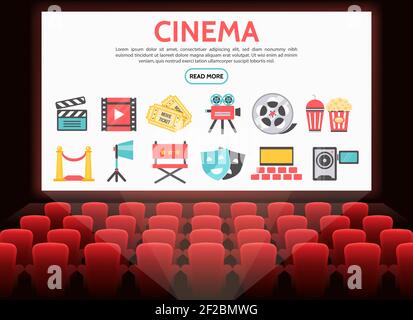 Flat cinema elements set with film reel tickets movie camera soda popcorn clapboard red carpet projector theater masks director chair on screen vector Stock Vector
