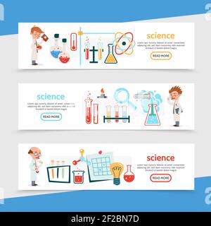 Flat science colorful horizontal banners with scientists tubes flasks atom and molecule models magnifier note bulb thermometer chemical scientific exp Stock Vector