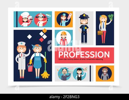 Flat profession characters infographic template with doctor maid chef painter stewardess waitress accountant stylist teacher police officer engineer v Stock Vector