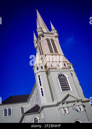 The Sainte-Marie Church at Church Point, Nova Scotia, was built in 1774 and is one of the largest and tallest wooden churches in North America. Stock Photo