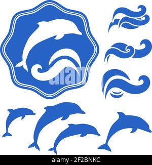 Set of Dolphins silhouettes. Blue waves on White Stock Vector