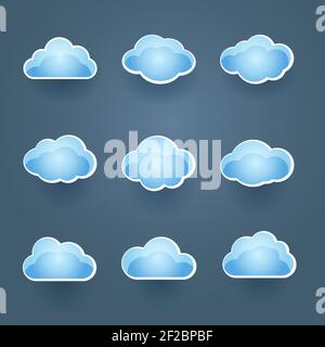 Set of nine different blue vector cloud icons in different shapes conceptual of the weather forecast or cloud computing Stock Vector