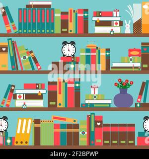 Bookshelf with books in flat style seamless pattern Stock Vector