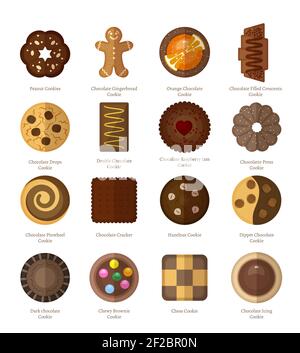 Chocolate cookie icons set. Biscuit and crescents, hazelnut and pinwheel, cracker and jam, ginderbread man and dippet. Vector illustration Stock Vector