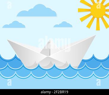 Origami paper ship on ocean waves. Travel transport toy, cruise and vessel. Vector illustration Stock Vector