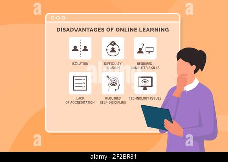 Disadvantages of online learning: professor thinking about the negative aspects of virtual education Stock Vector