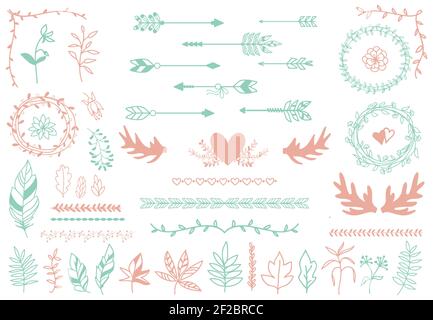 Ethnic tribal boho elements. Arrows and feathers, dividers and borders.  Elegance decoration artwork, decorative sign hipster, sketch drawing, love la Stock Vector
