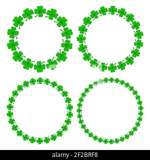 Clover circle frame set. Shamrock four leaf border collection. Vector empty background with copy space. Stock Vector