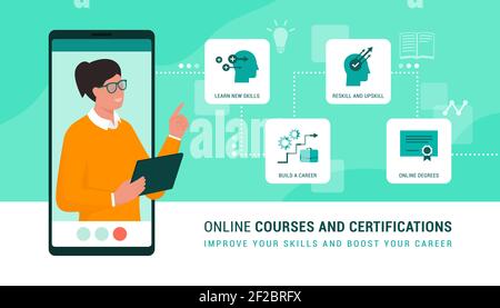 Online professor presenting online courses and services on the e-learning platform Stock Vector