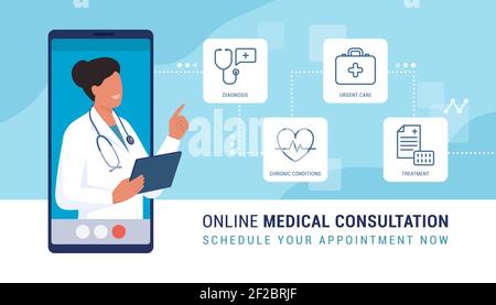 Online doctor video calling on a smartphone and presenting virtual consulting services: diagnosis, chronic conditions and illness treatment, urgent ca Stock Vector