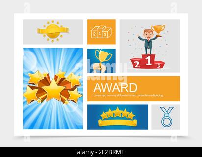 Flat awards composition with businessman standing in first place on podium hands holding cup medal gold stars and ribbon vector illustration Stock Vector