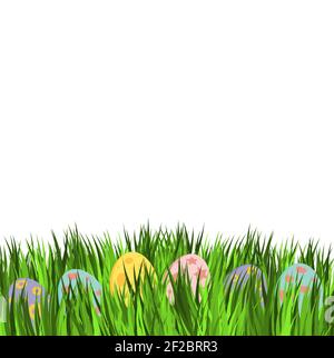 Empty easter card with eggs in pastel colors. Few decorative egg lying on green grass. Holiday vector design on white background. Stock Vector