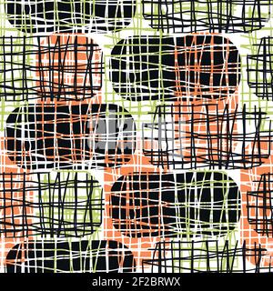 Vector rectangles with irregular burlap effect. Red green black seamless pattern background. Rounded hessian fibre shapes blended into a coarse weave Stock Vector
