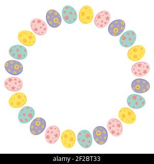 Easter egg circle frame in pastel colors. Holiday round border for greeting card design with text space. Vector illustration isolated on white backgro Stock Vector