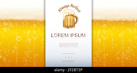 Realistic fresh lager beer closeup background with place for text and mug of beer vector illustration Stock Vector