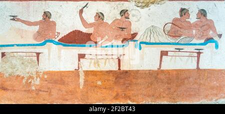 Paestum, ancient frescoes in the tomb of the diver Stock Photo