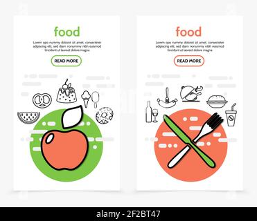 Food vertical banners with apple watermelon pretzel cake ice cream donut wine sausage chicken pan soda cutlery line icons vector illustration Stock Vector